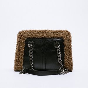 Zara Fleece Shoulder Bag - brown/black silver hardware